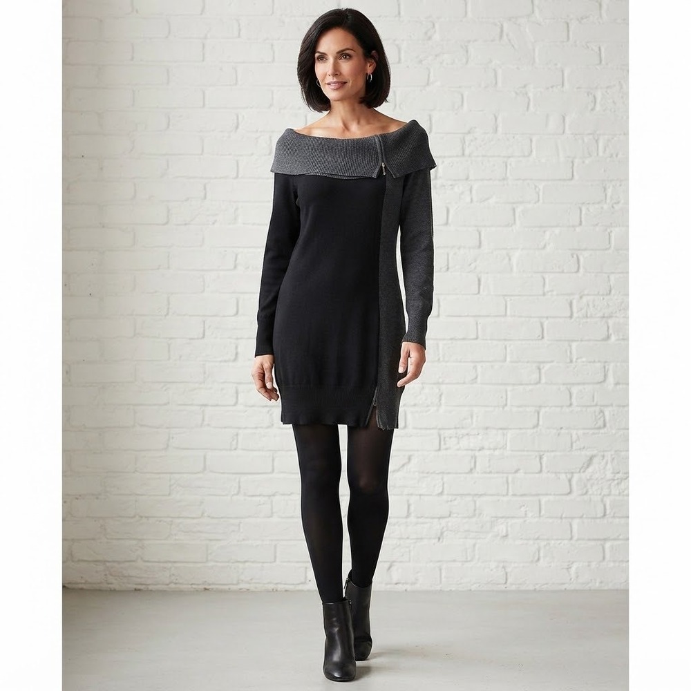 Melanie Lyne Sweater Dress M Black Gray Asymmetric Zipper Colorblock Career Work